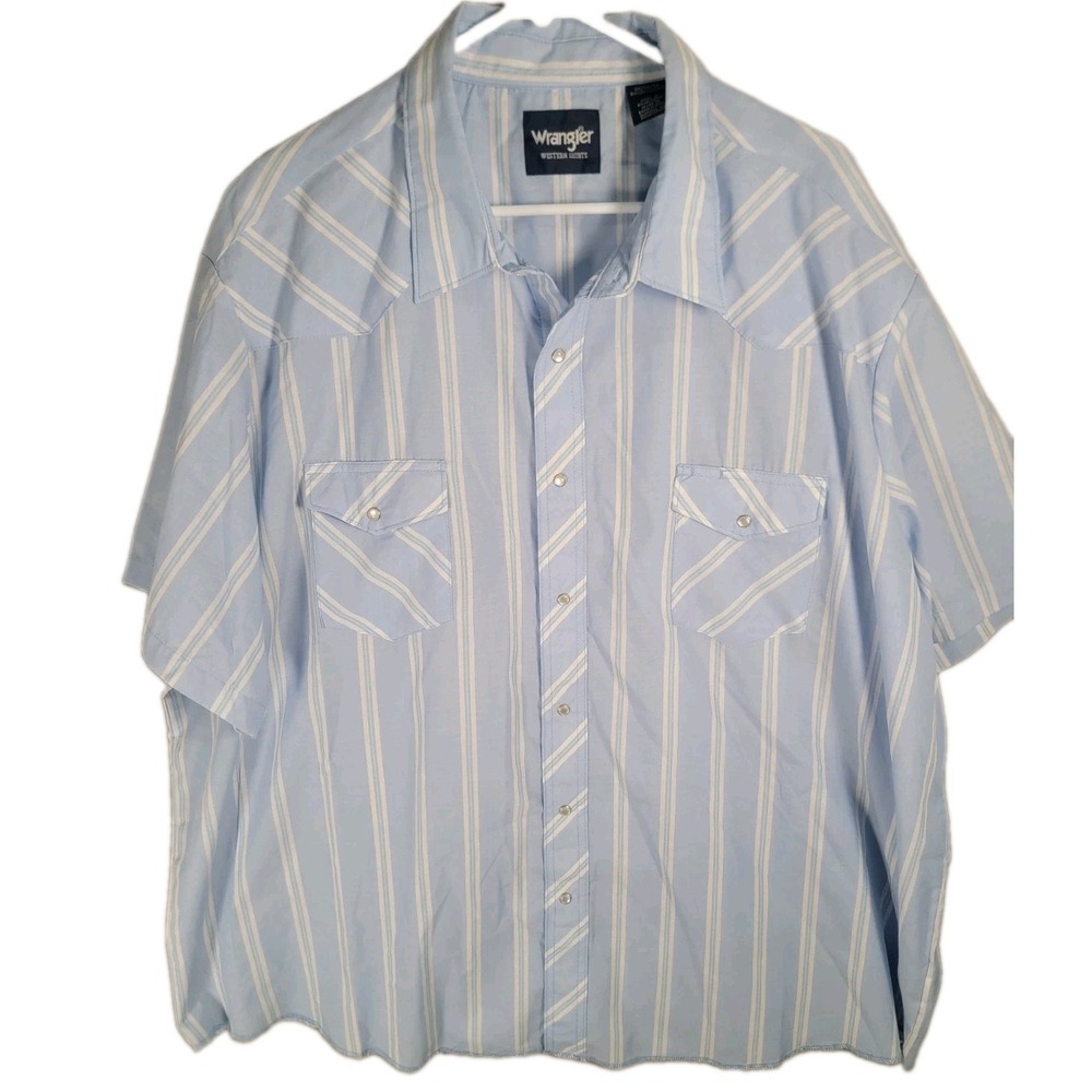 Wrangler Shirt Mens 3X 3XL Blue Striped Pearl Snap Short Sleeve Western Cowboy